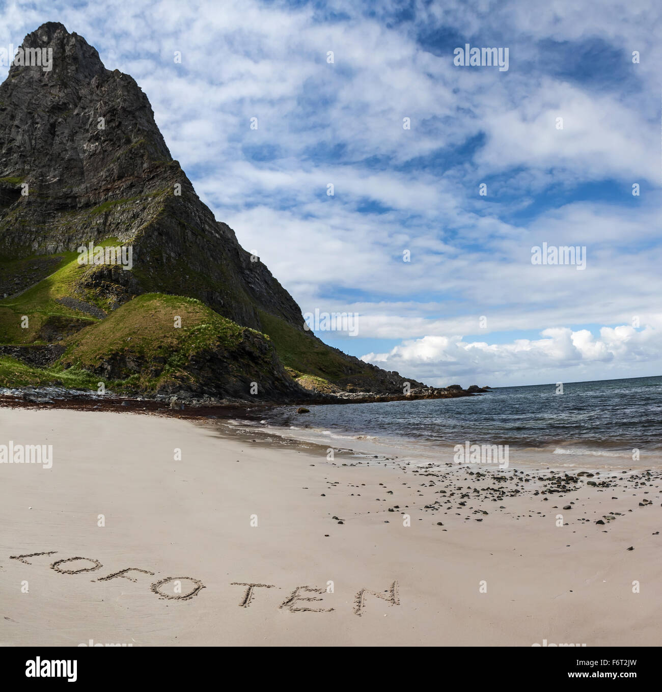 beach sand with written word Lofoten Stock Photo