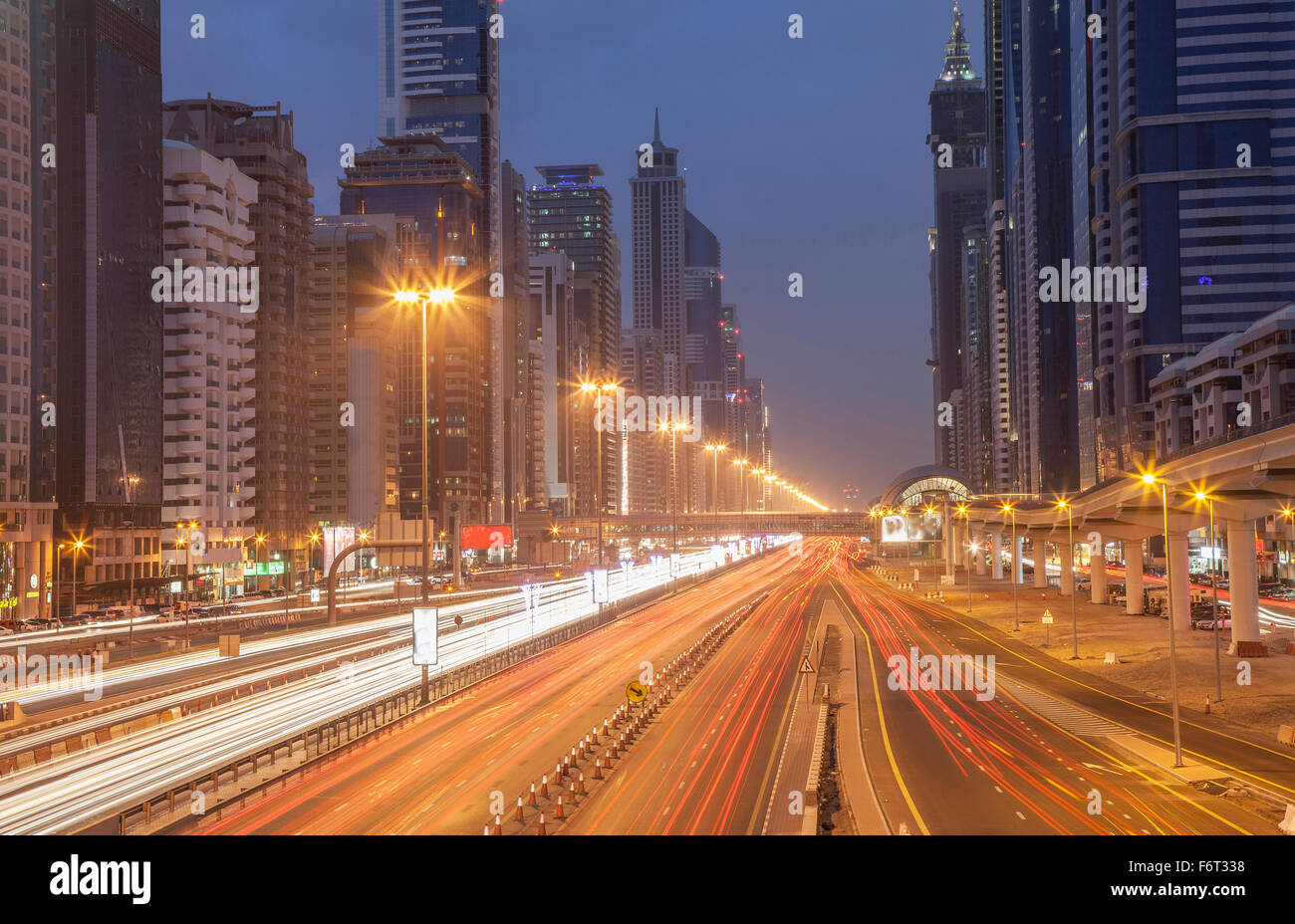 Traffic in Dubai cityscape, Dubai Emirate, United Arab Emirates Stock Photo