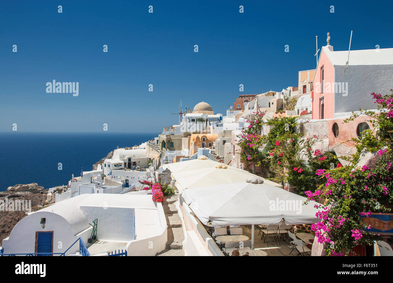 Santorini cityscape under blue sky, Cyclades, Greece Stock Photo