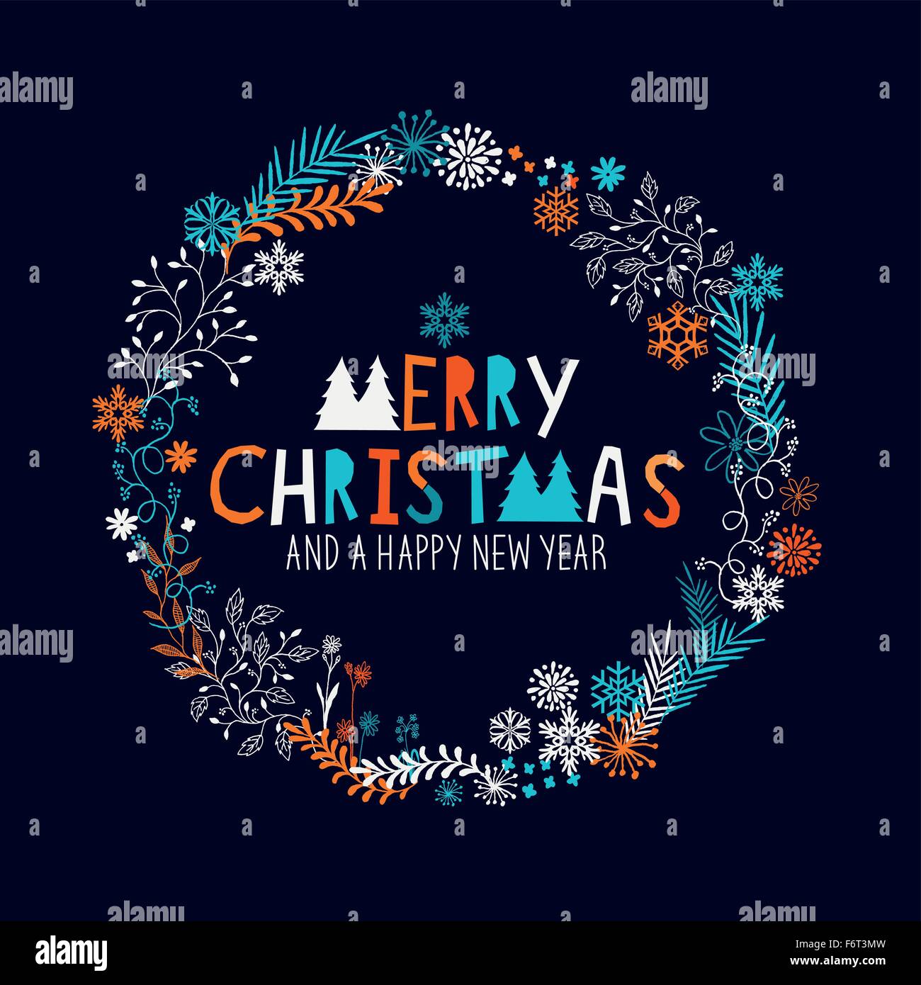 Merry Christmas Wreath with snowflakes and floral patterns. Vector illustration Stock Vector