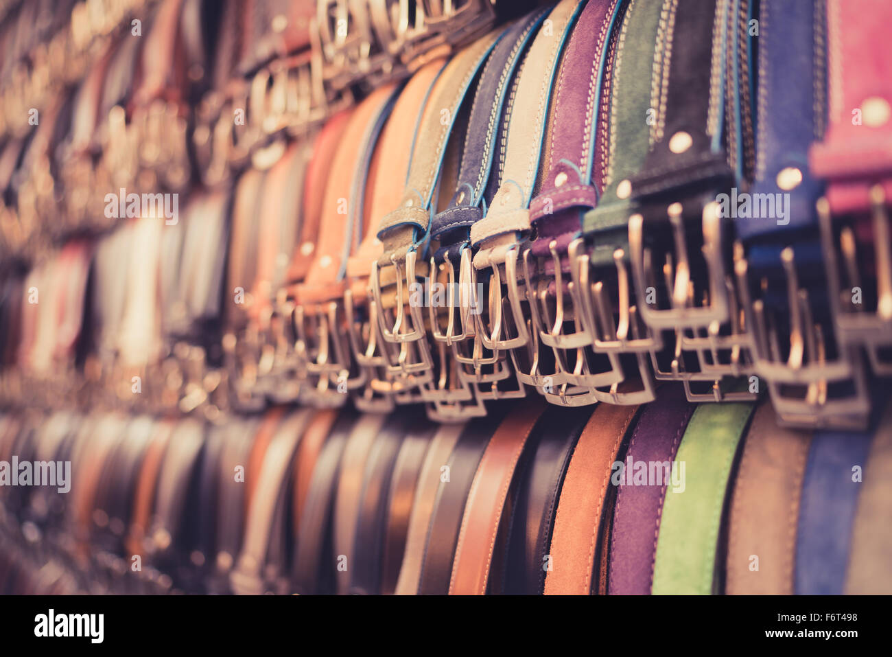 A number of belts in a Florence market. Stock Photo