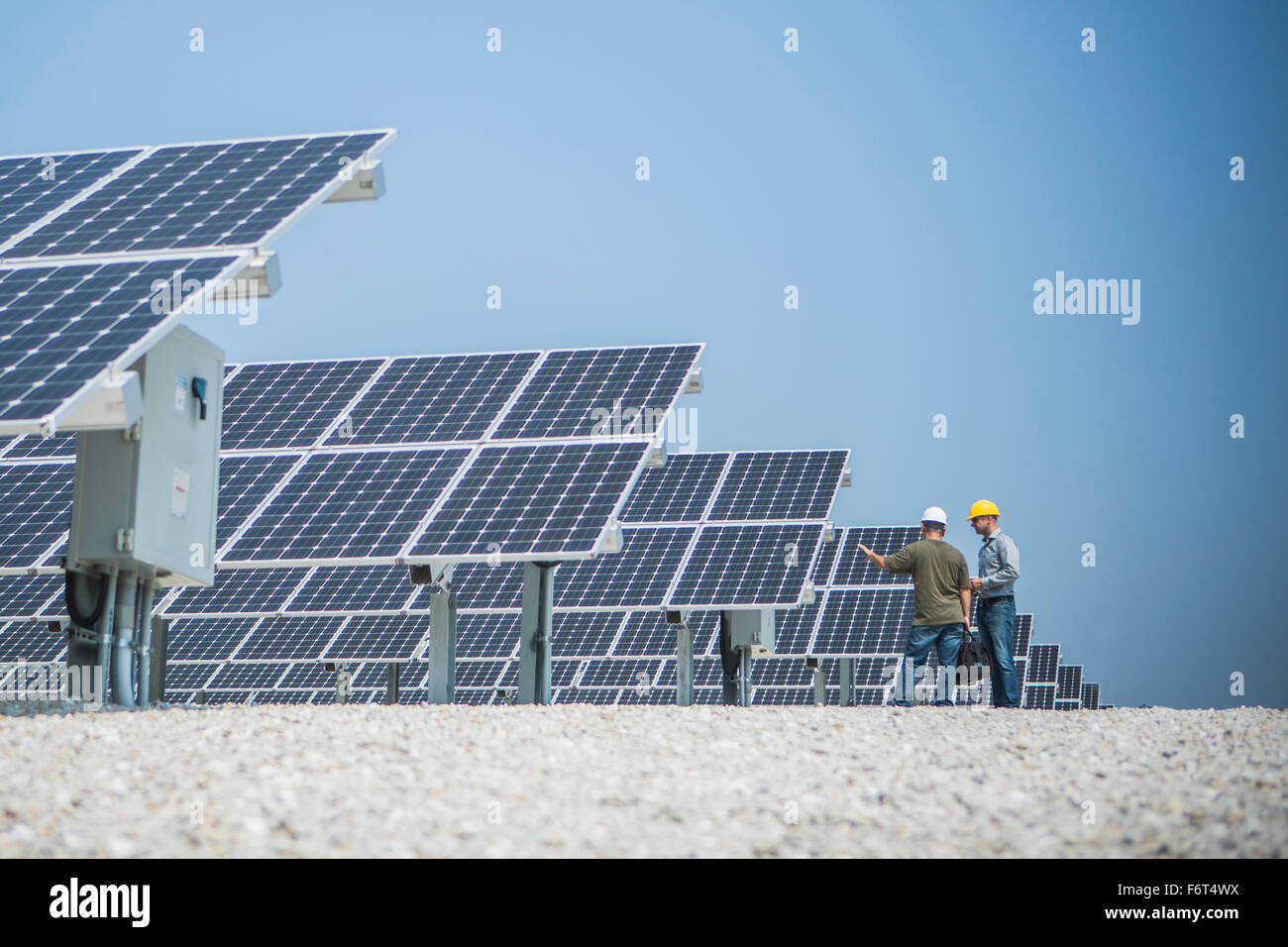 Caucasian technicians talking near solar panels Stock Photo