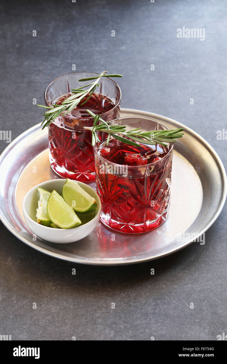 Two glasses of Cranberry cocktail with rosemary garnish Stock Photo