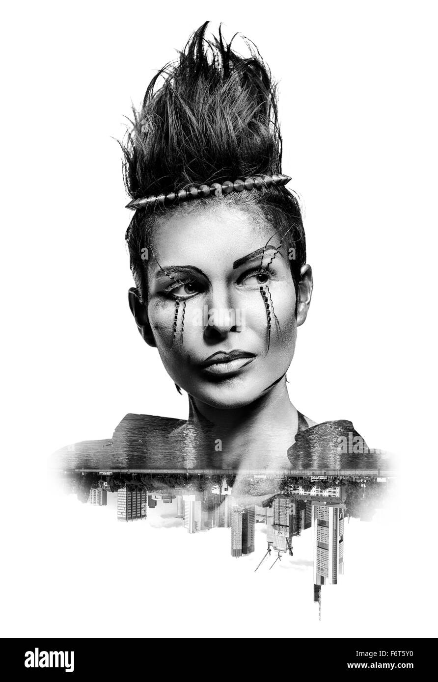 Double exposure of a woman with creative make-up and city skyscrapers Stock Photo