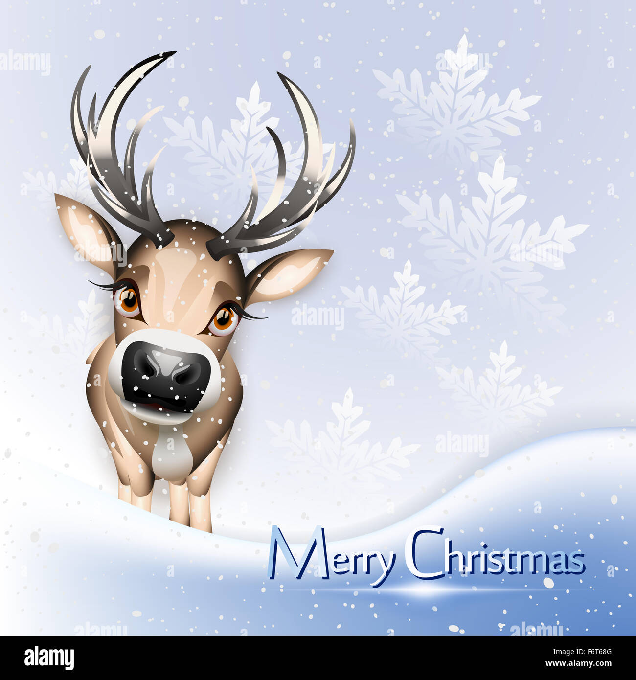 Christmas blue card with cute reindeer over snow Stock Photo