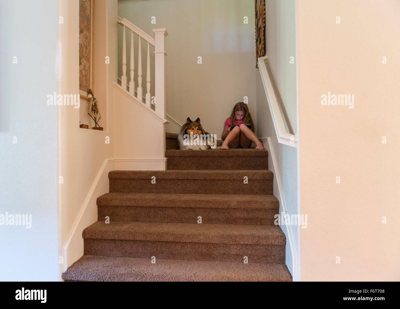 Caucasian girl and dog sitting on stairs Stock Photo