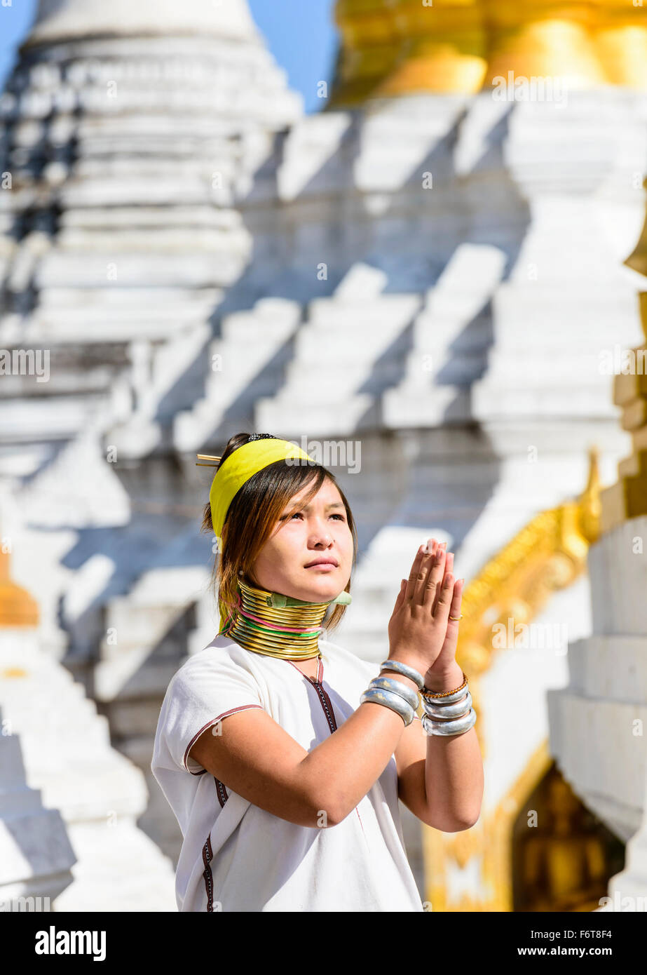 Asian woman doing traditional dance at temple Stock Photo