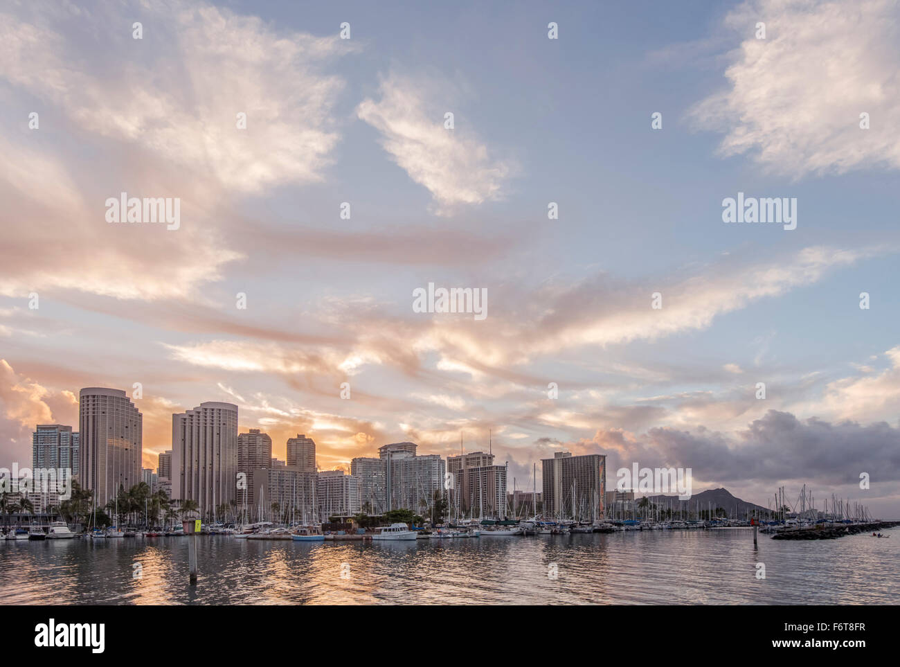Honolulu city skyline over ocean, Hawaii, United States Stock Photo