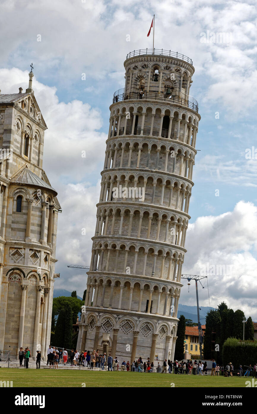 Piazza dei Miracoli, or Square of Miracles features the leaning tower in the Italian city of Pisa. Stock Photo