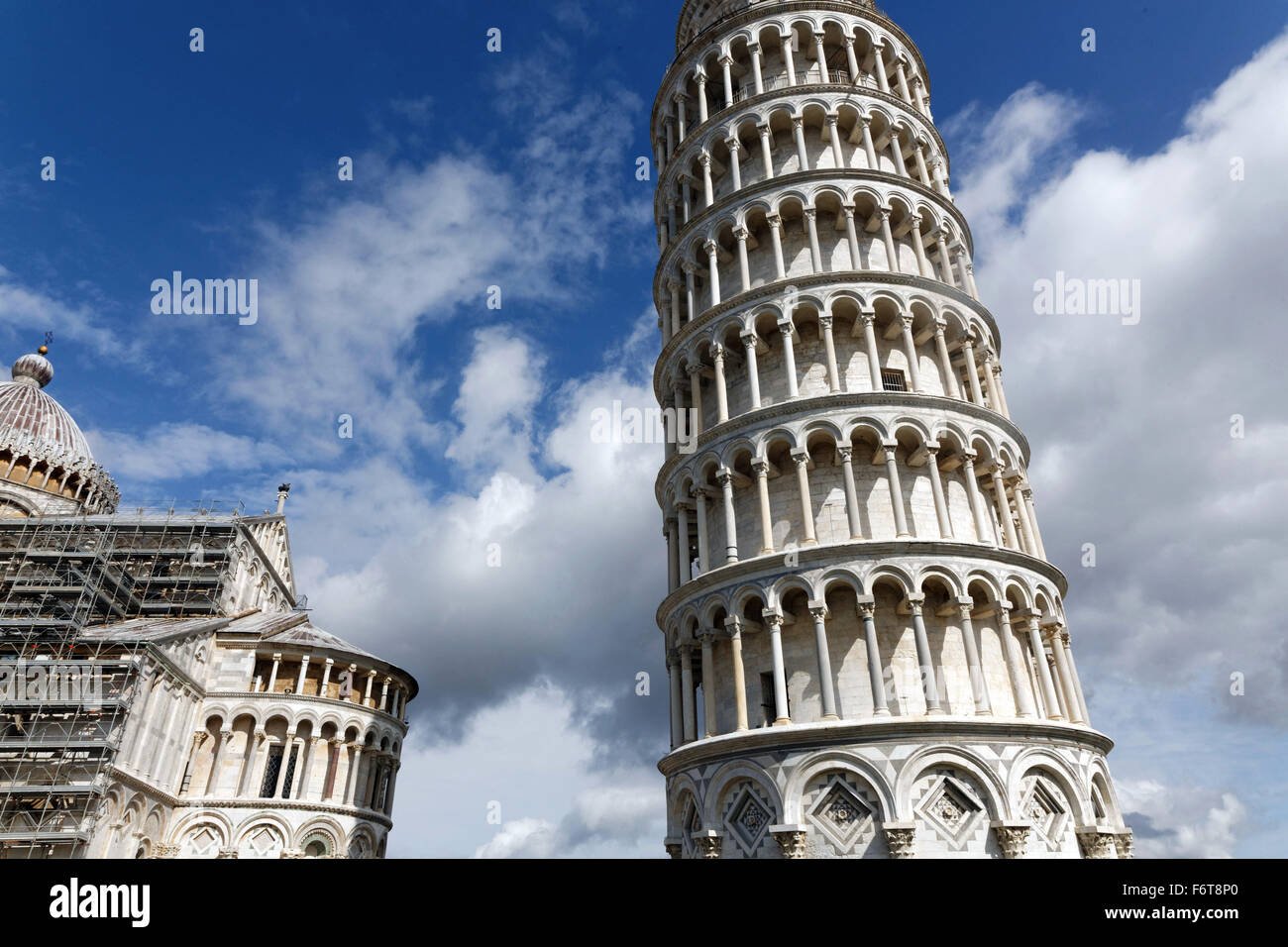 Piazza dei Miracoli, or Square of Miracles features the leaning tower in the Italian city of Pisa. Stock Photo