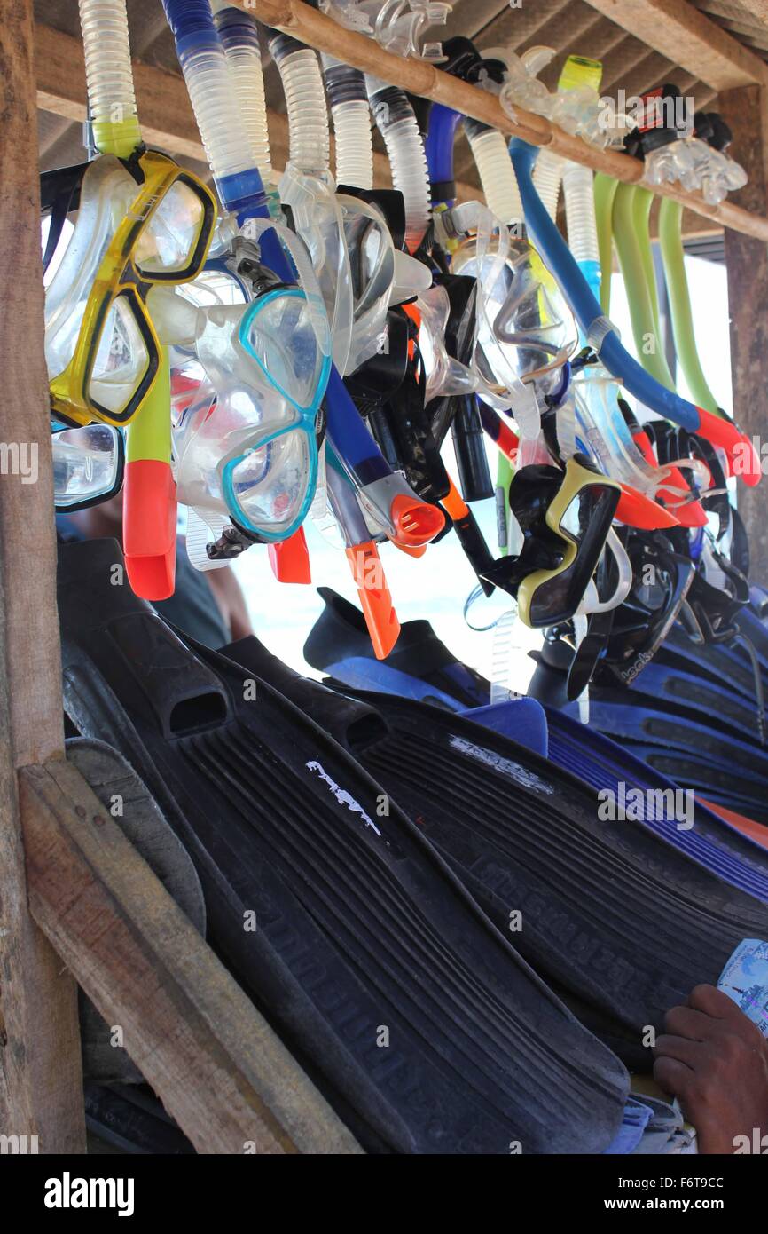 Diving Masks and snorkel shop on the beach for diving lessons in Bali