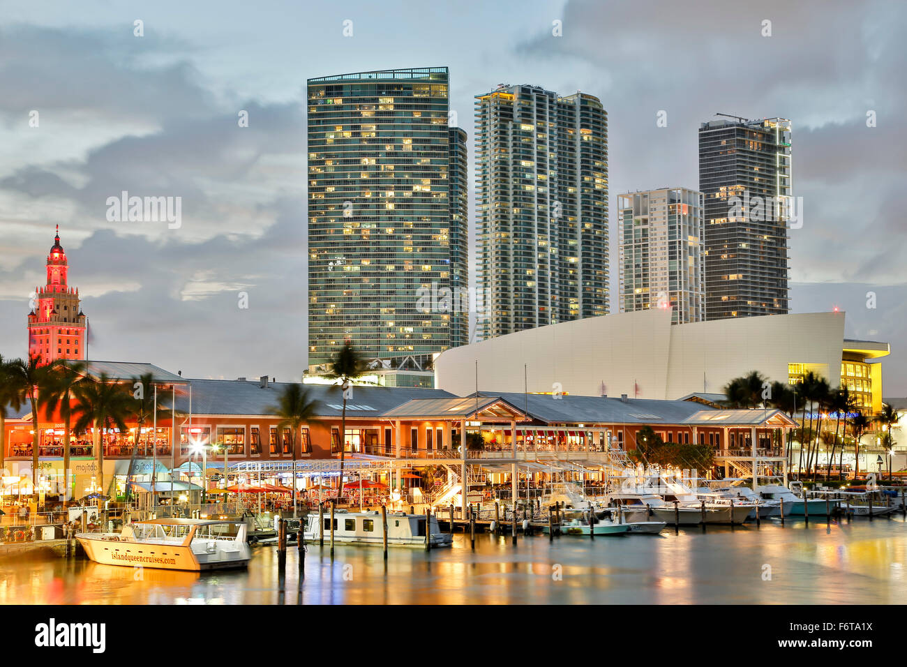 Marina at Bayfront Marketplace and skyscrapers, Miami, Florida USA Stock Photo