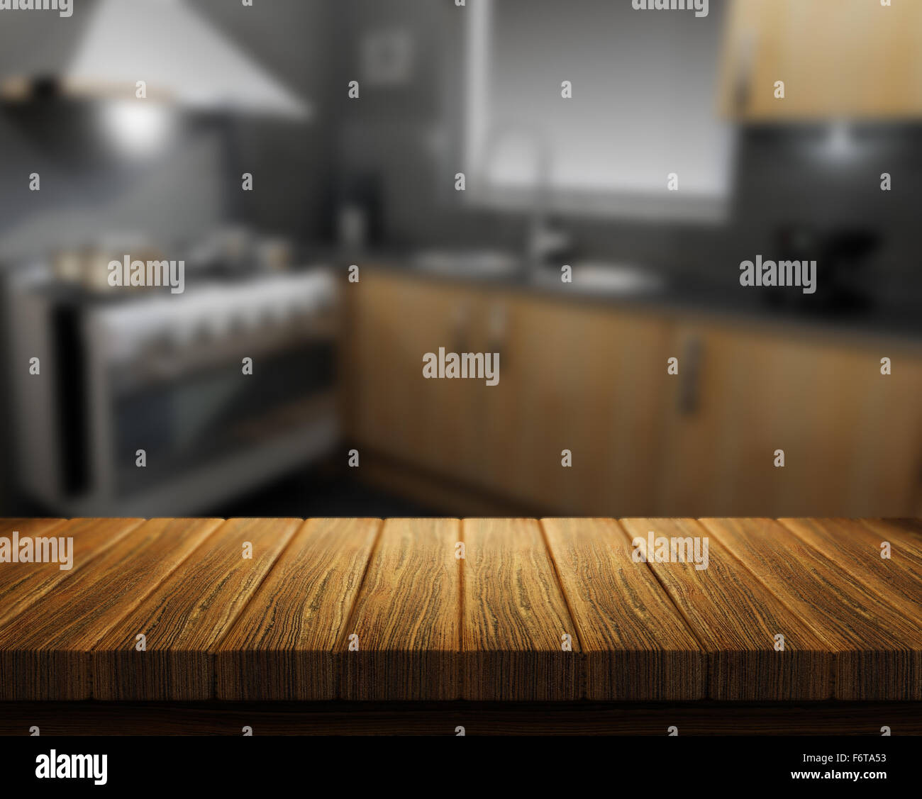 3D render of a wooden table with a kitchen in the background Stock ...