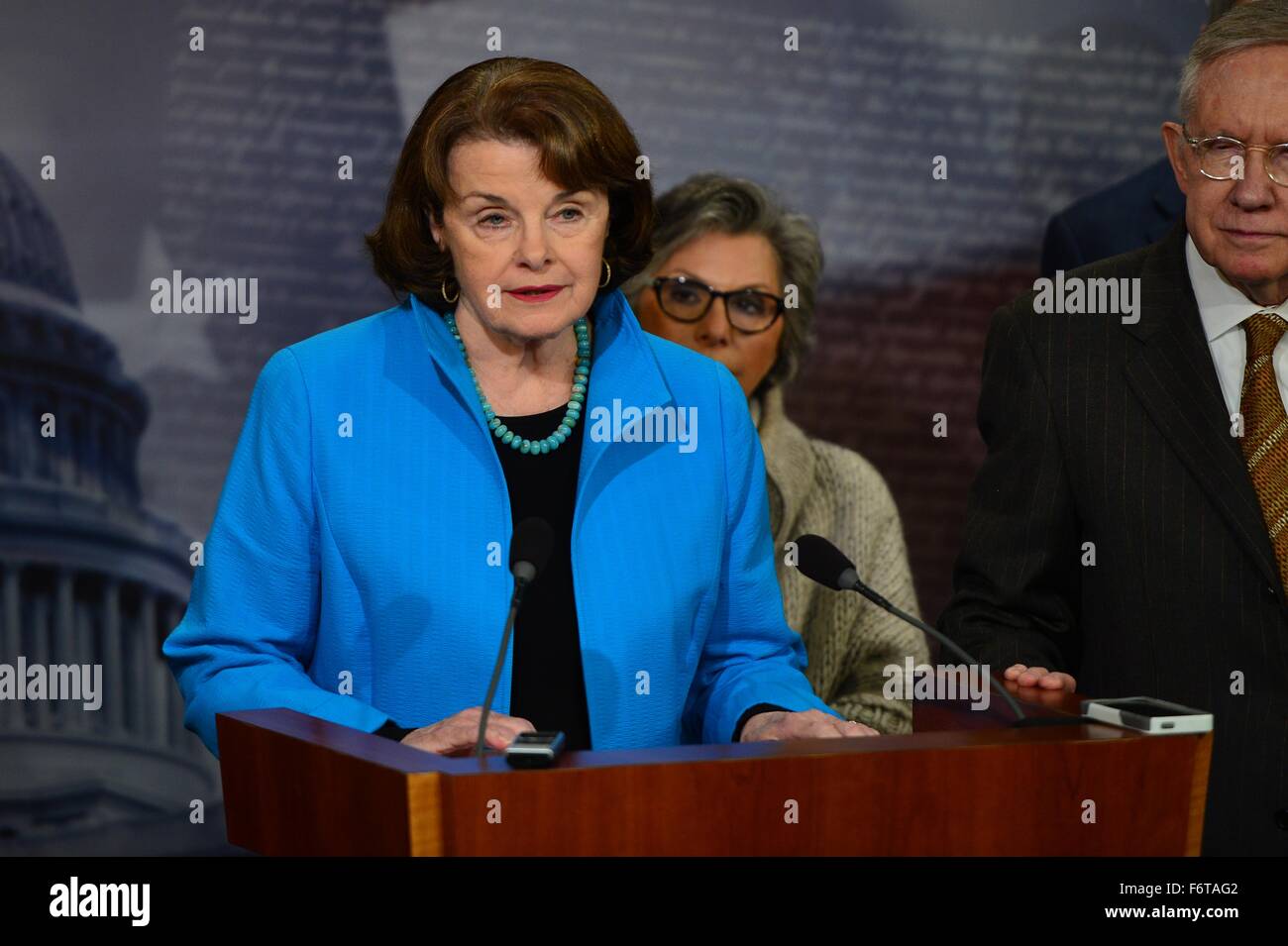 Washington DC, USA. 19th November, 2015. U.S. Senator Dianne Feinstein joined by other Democrats discusses their opposition to tighter restrictions on Syrian refugees coming to the U.S. during a press conference on Capitol Hill November 19, 2015 in Washington, DC.  Earlier the Republican controlled House passed a bill halting Syrian refugees until they undergo a more stringent vetting process following the Paris attacks. Credit:  Planetpix/Alamy Live News Stock Photo