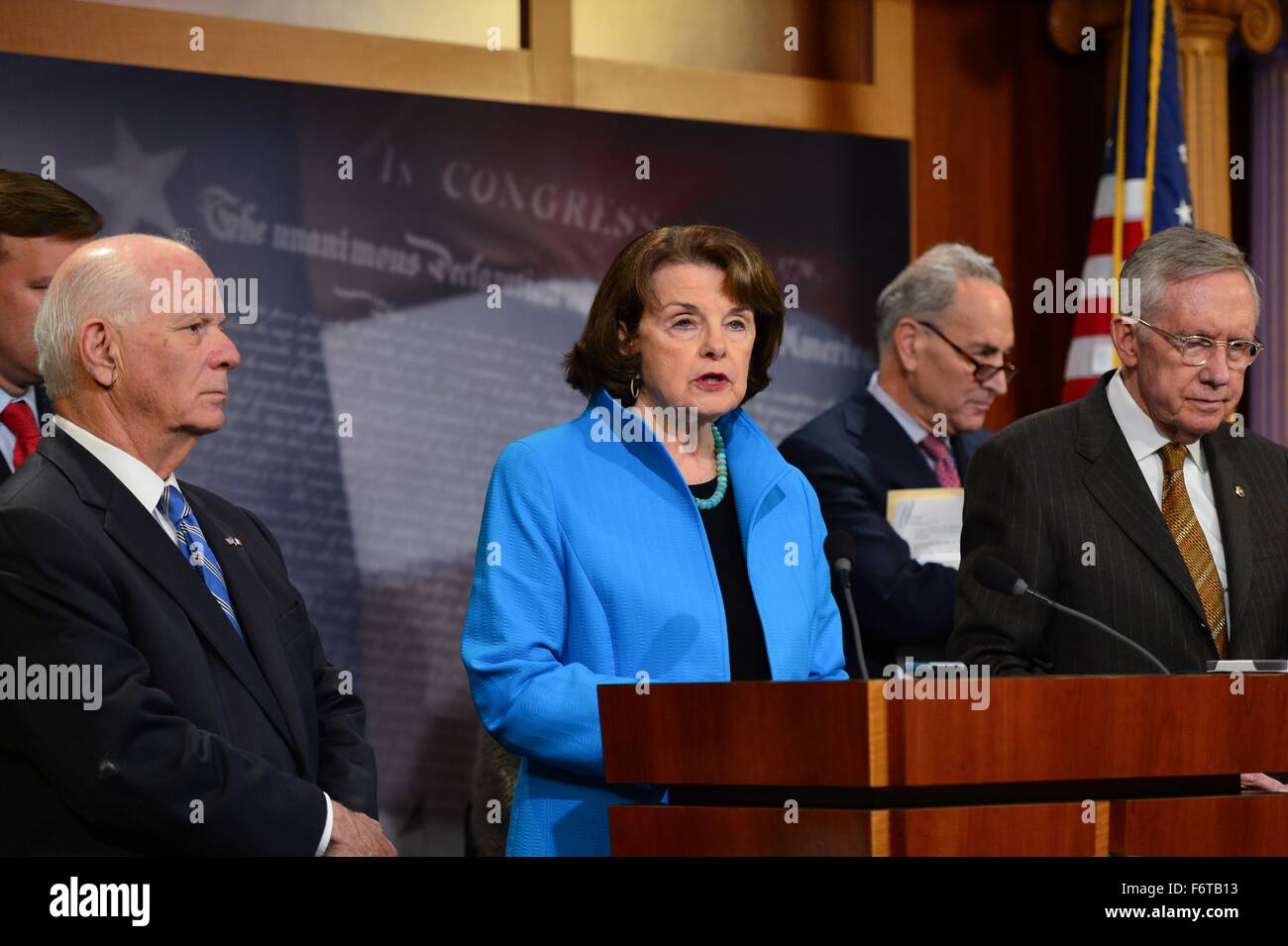Washington DC, USA. 19th November, 2015. U.S. Senator Dianne Feinstein joined by other Democrats discusses their opposition to tighter restrictions on Syrian refugees coming to the U.S. during a press conference on Capitol Hill November 19, 2015 in Washington, DC.  Earlier the Republican controlled House passed a bill halting Syrian refugees until they undergo a more stringent vetting process following the Paris attacks. Stock Photo