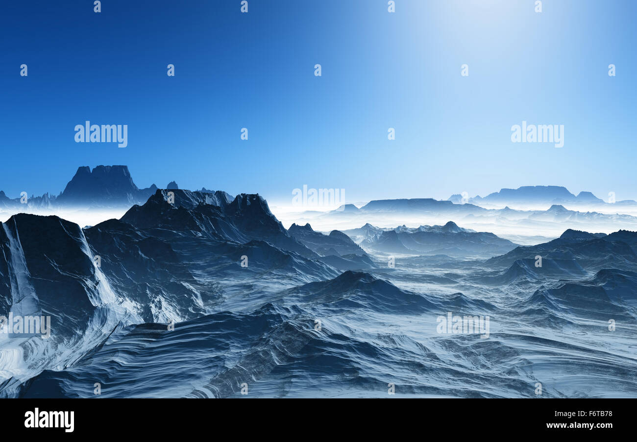 3D render of a surreal landscape with snowy mountains Stock Photo
