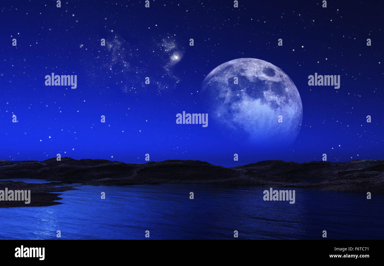 3D space background with stars and moon Stock Photo