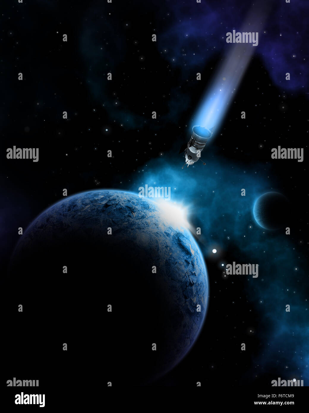 3D space landscape with fictional planets and shuttle Stock Photo