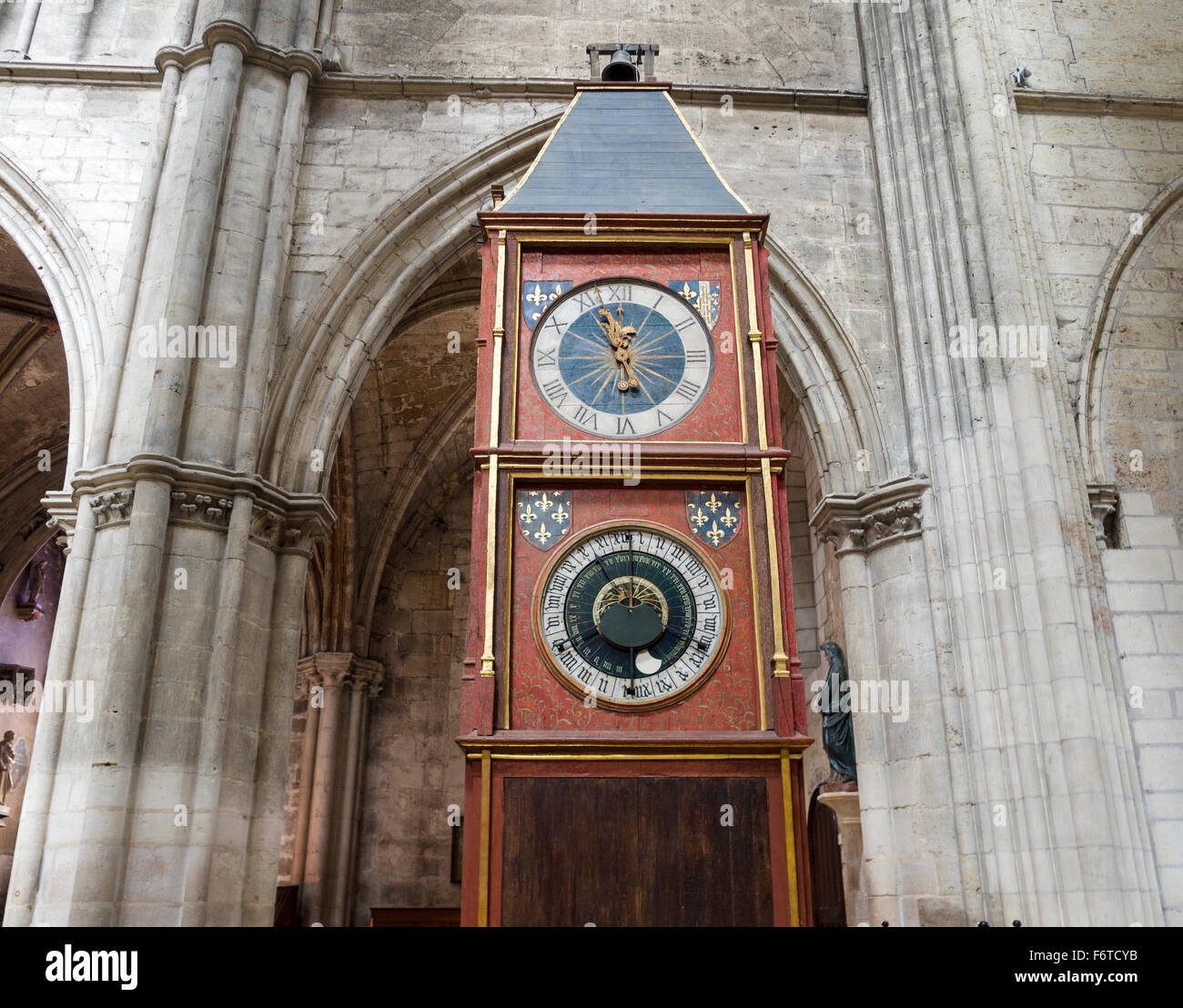 Astronomical Clock at Bourges Cathedral. This early clock commemorates the wedding of Charles VII and Marie d'Anjou in 1422. Stock Photo