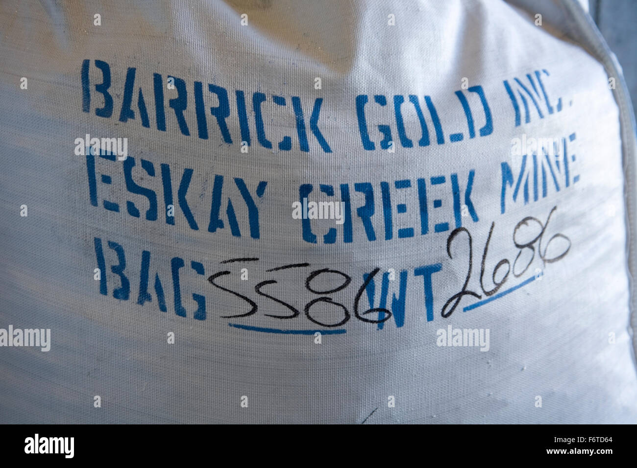 Large bag of mill concentrate, Eskay Creek gold mine, BC Stock Photo