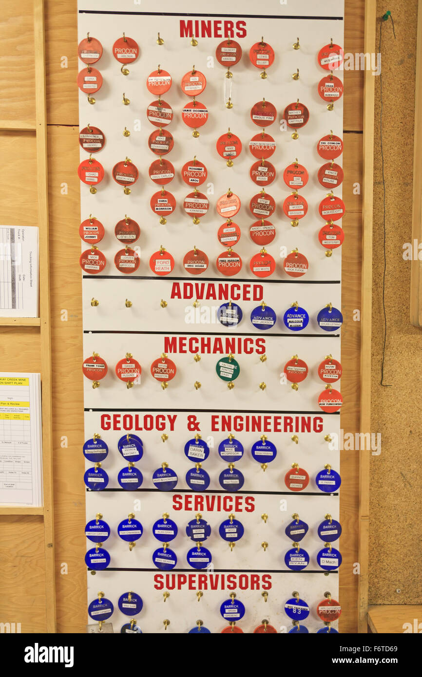 Safety board at Eskay Creek underground gold mine, BC. All mine employees who venture underground must sign in and out using thi Stock Photo