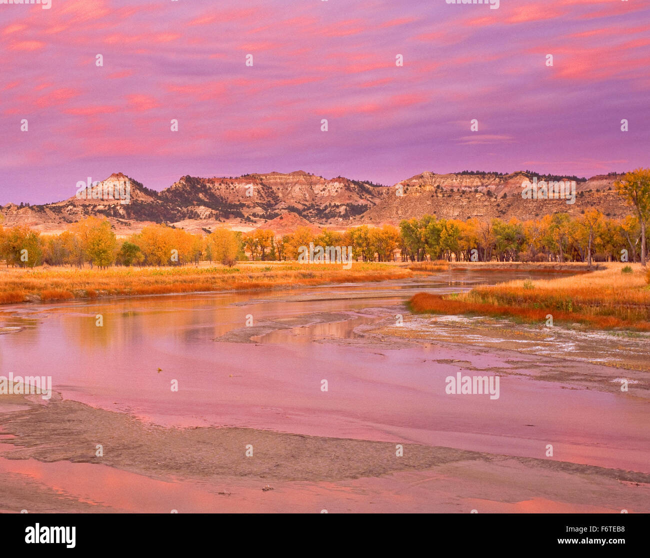 autumn sunrise over powder river and badlands near broadus, montana