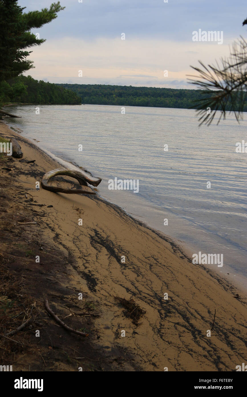 Grand Island beach at sunset on Lake Superior across from Pictured