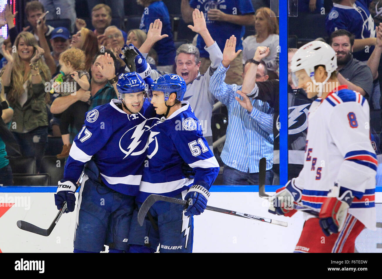 Tampa, Florida, USA. 19th Nov, 2015. DIRK SHADD | Times .Tampa Bay Lightning center Alex Killorn (17) celebrates scoring on a wrist shot along with center Valtteri Filppula (51) (right), who picked up the assist, as New York Rangers defenseman Kevin Klein (8) (right) skates off after beating New York Rangers goalie Henrik Lundqvist (30) for the first goal of the game during first period action at the Amalie Arena in Tampa Thursday evening (11/19/15) © Dirk Shadd/Tampa Bay Times/ZUMA Wire/Alamy Live News Stock Photo