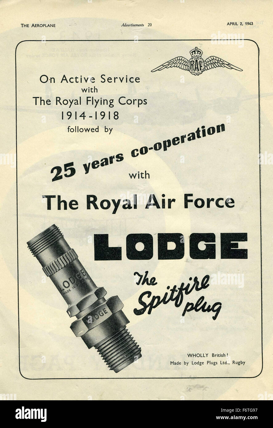 Lodge The Spitfire plug WW 2 advert RAF 25 years association and RFC Stock Photo