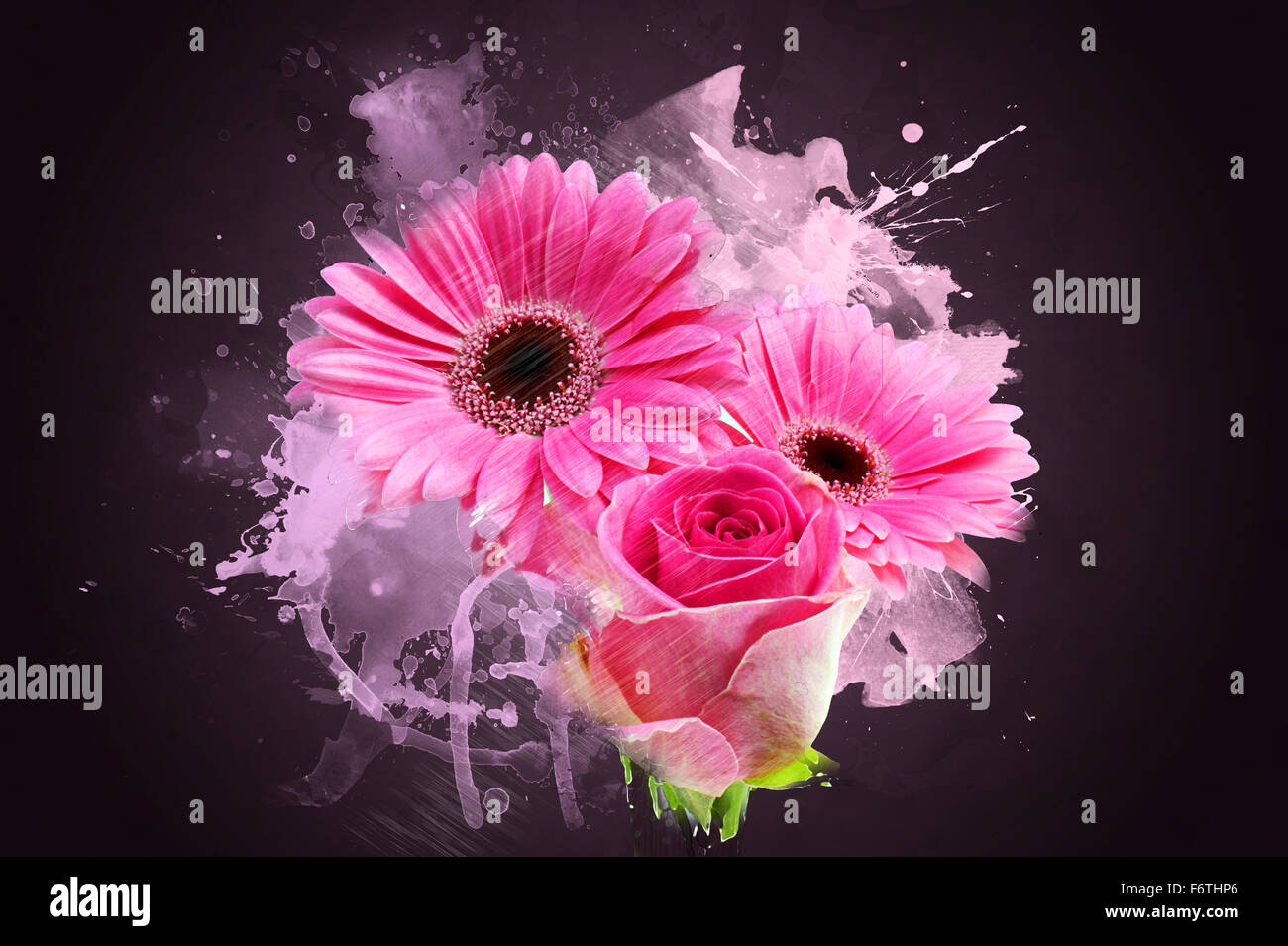 Grunge style abstract background of Gerbera daisies and rose Stock Photo