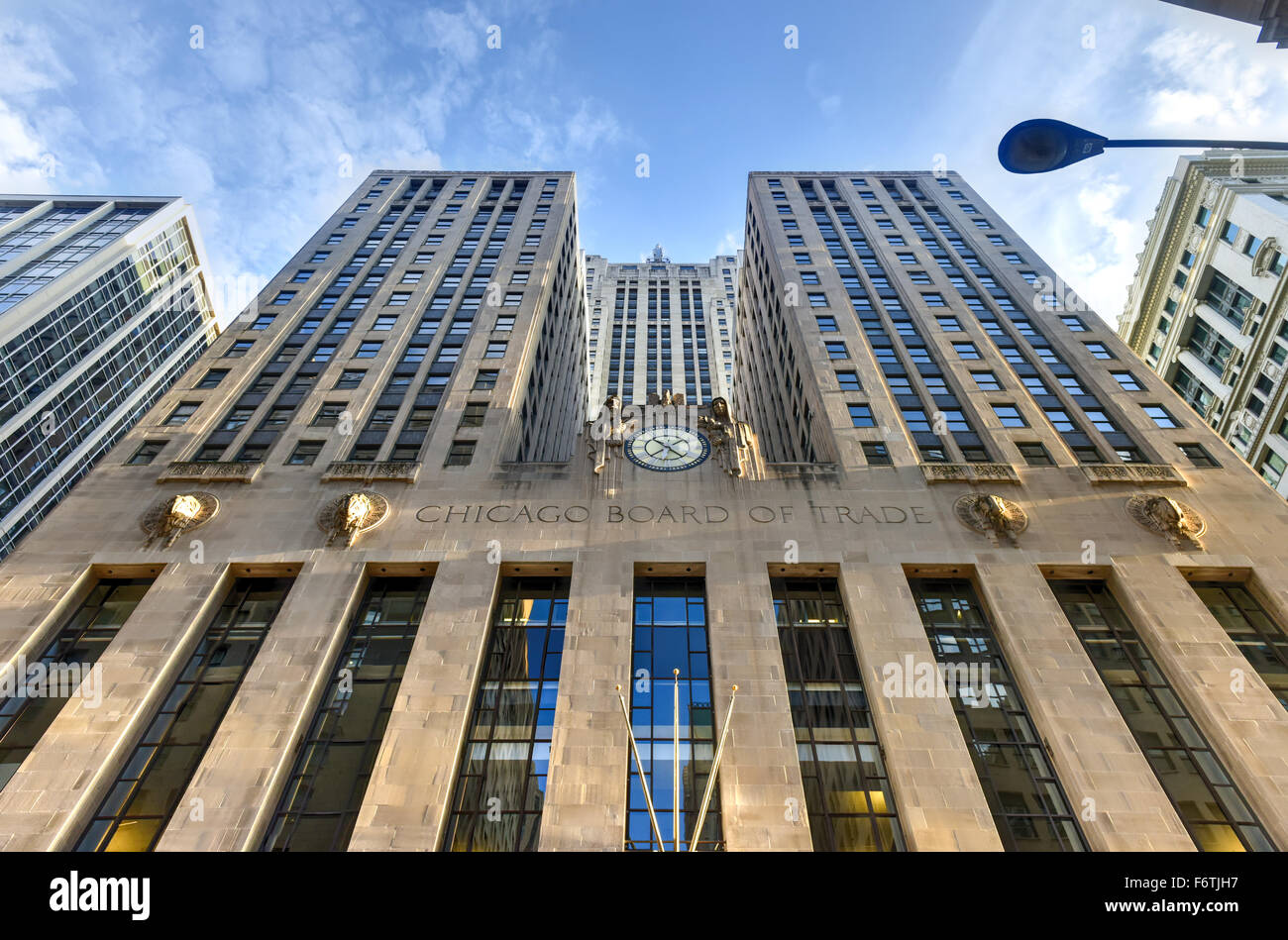 Chicago - September 7, 2015: Chicago Board of Trade Building along La Salle street in Chicago, Illinois. The art deco building w Stock Photo