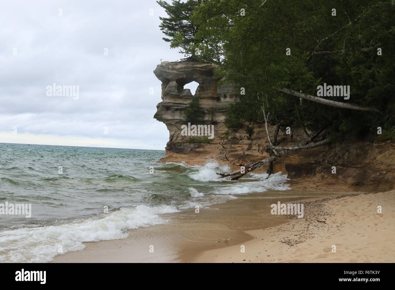 Chapel rock rock formation viewed from chapel beach along lake superior at the Pictured Rocks National Lakeshore, Michigan Stock Photo