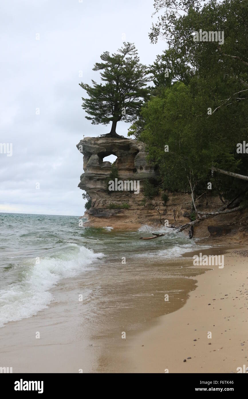 Chapel rock rock formation viewed from chapel beach along lake superior at the Pictured Rocks National Lakeshore, Michigan Stock Photo