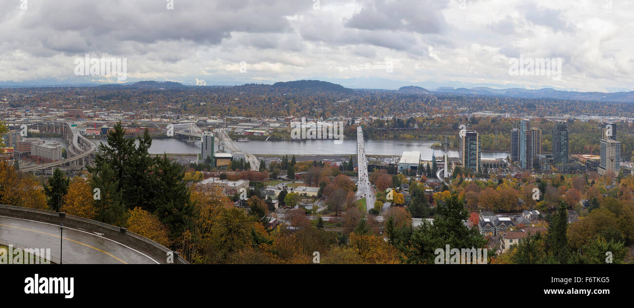 Bridges of Portland Oregon Over Willamette River with Fall Season Color Panorama Stock Photo