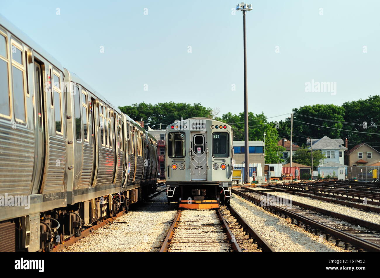 Chicago CTA Brown Line rapid transit trains at rest in the Kimball Avenue yards. When not in service trains are stored here. Chicago, Illinois, USA. Stock Photo