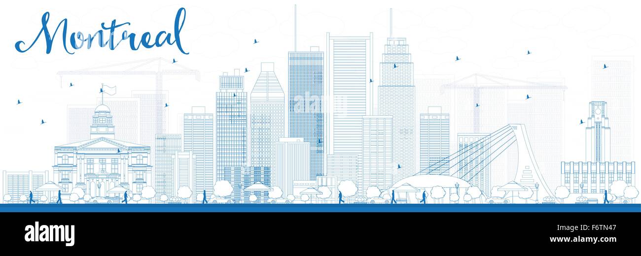 Outline Montreal skyline with blue buildings. Vector illustration. Business travel and tourism concept with modern buildings. Stock Vector