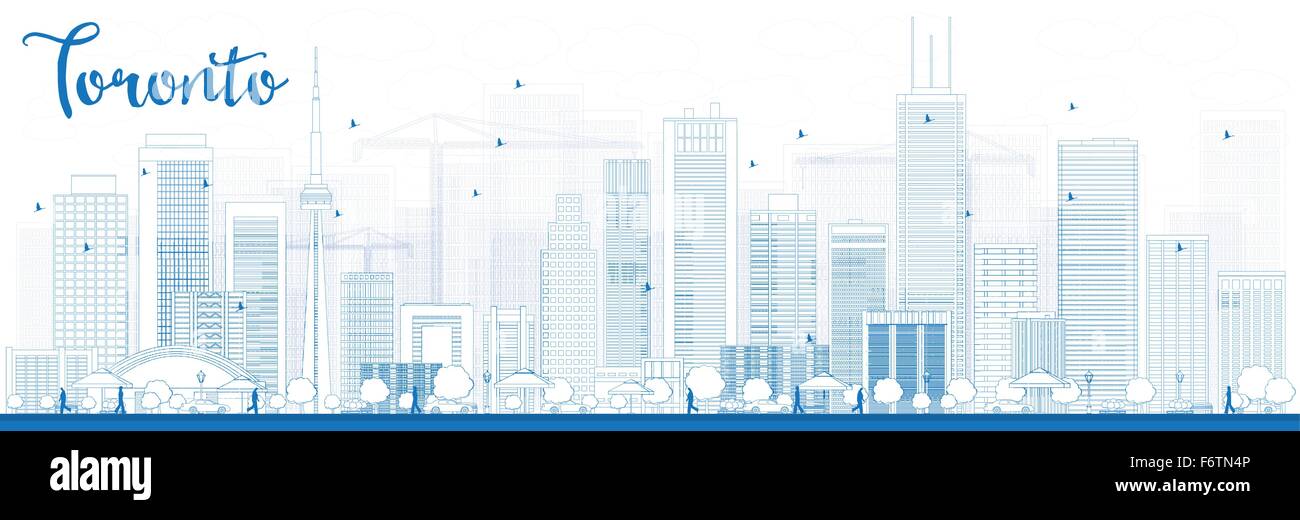Outline Toronto skyline with blue buildings. Vector illustration. Business travel and tourism concept with modern buildings. Stock Vector