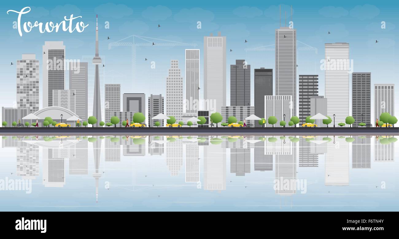 Toronto skyline with grey buildings, blue sky and reflection. Vector illustration. Business travel and tourism concept with plac Stock Vector