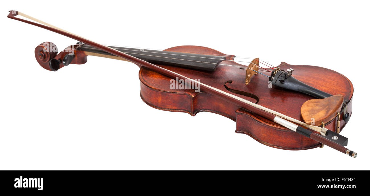 full size violin with wooden chinrest and bow isolated on white background Stock Photo
