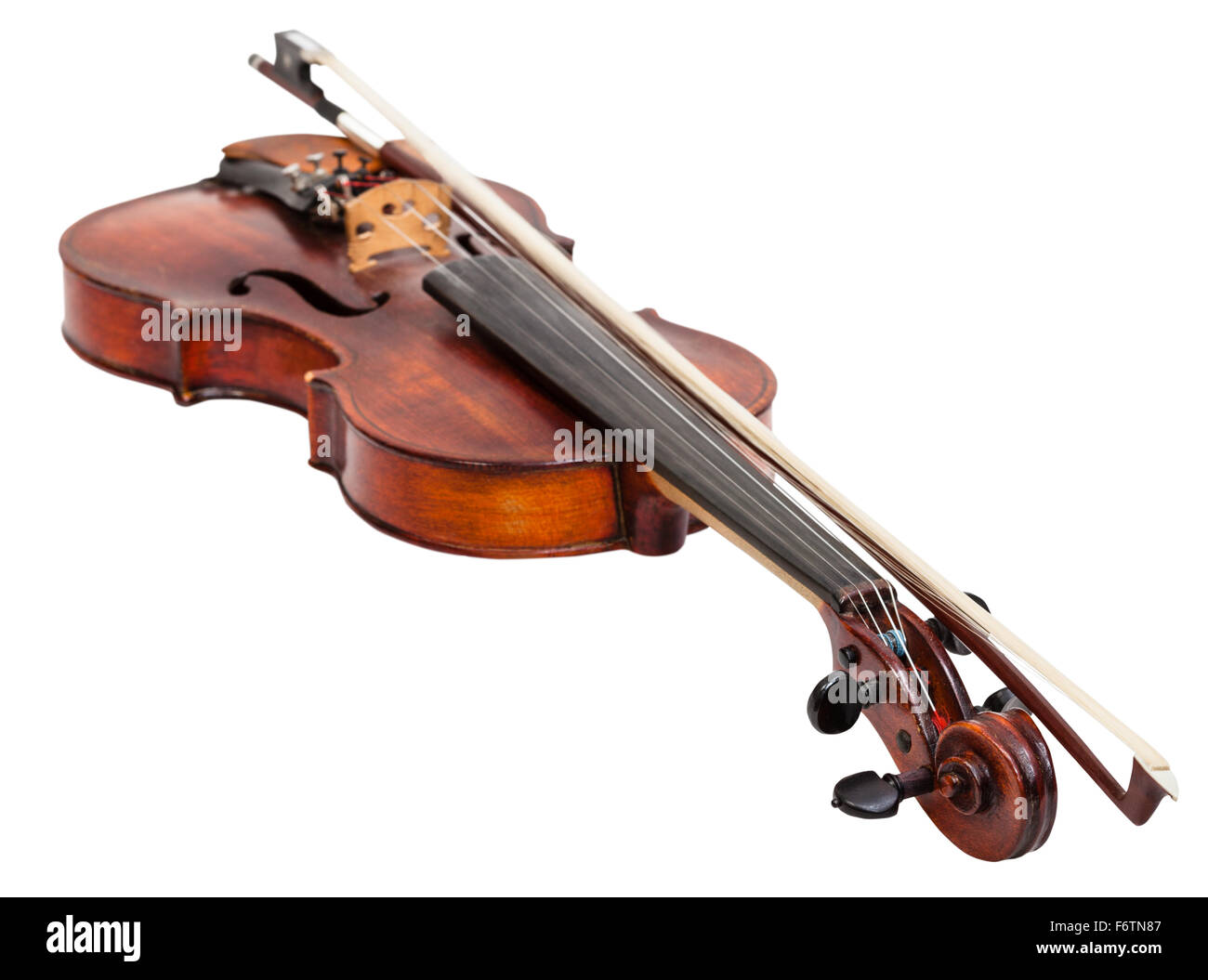 old fiddle with bow isolated on white background Stock Photo