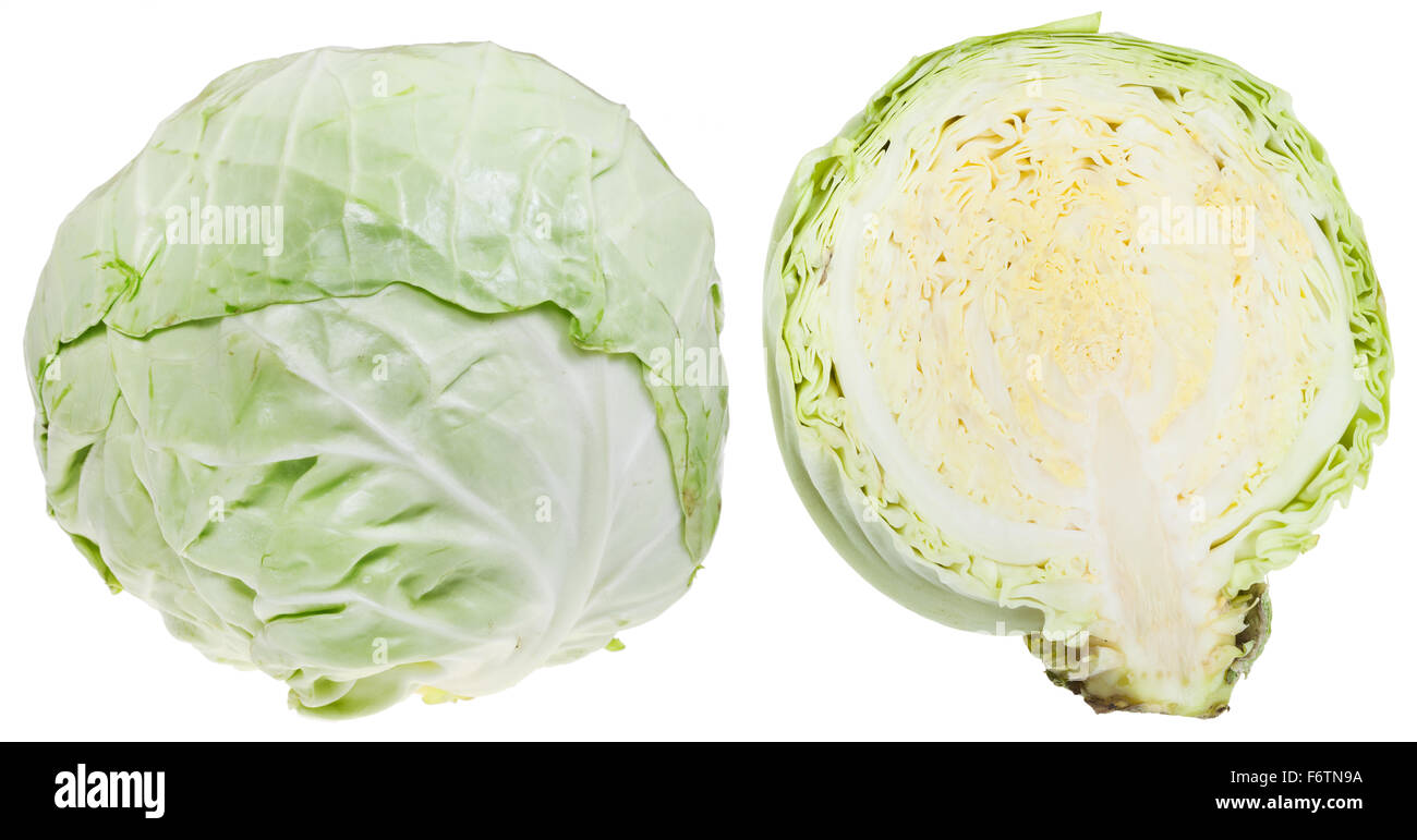 whole and half of fresh cabbage head isolated on white background Stock Photo