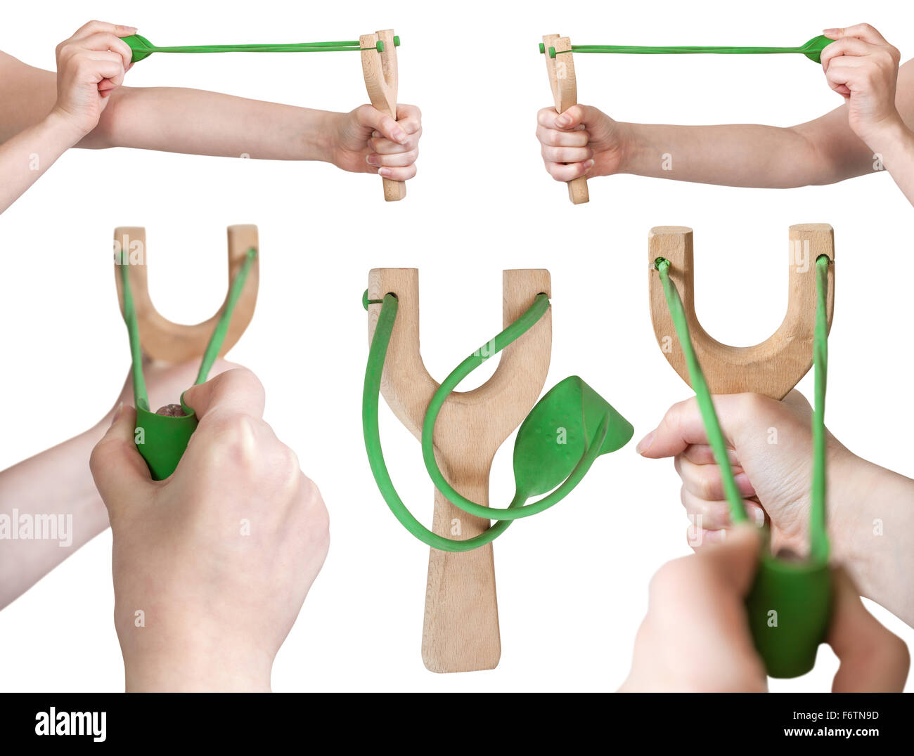 set of hands with simple wooden slingshot isolated on white background Stock Photo