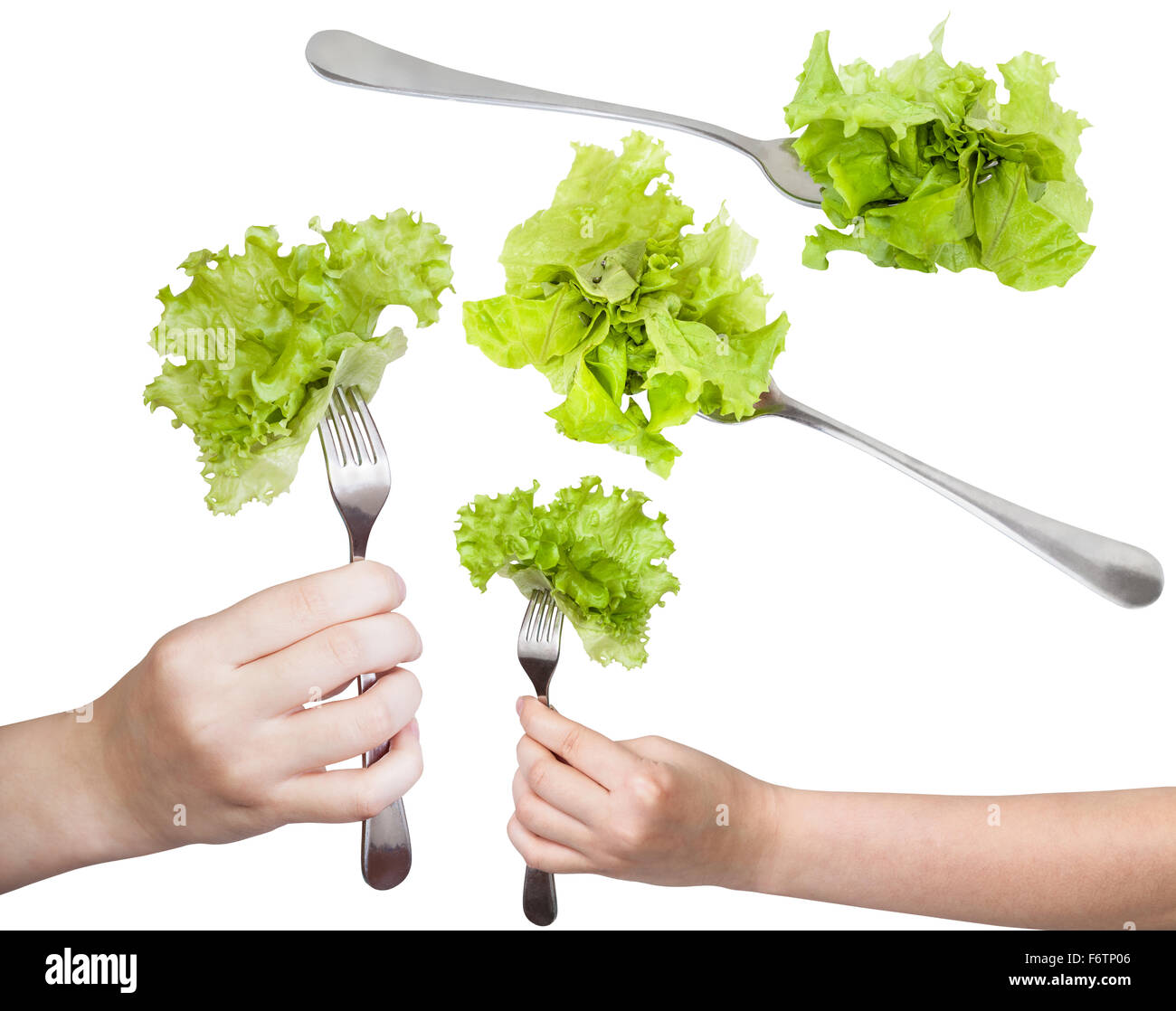set of dinning forks with fresh leaf lettuce isolated on white background Stock Photo