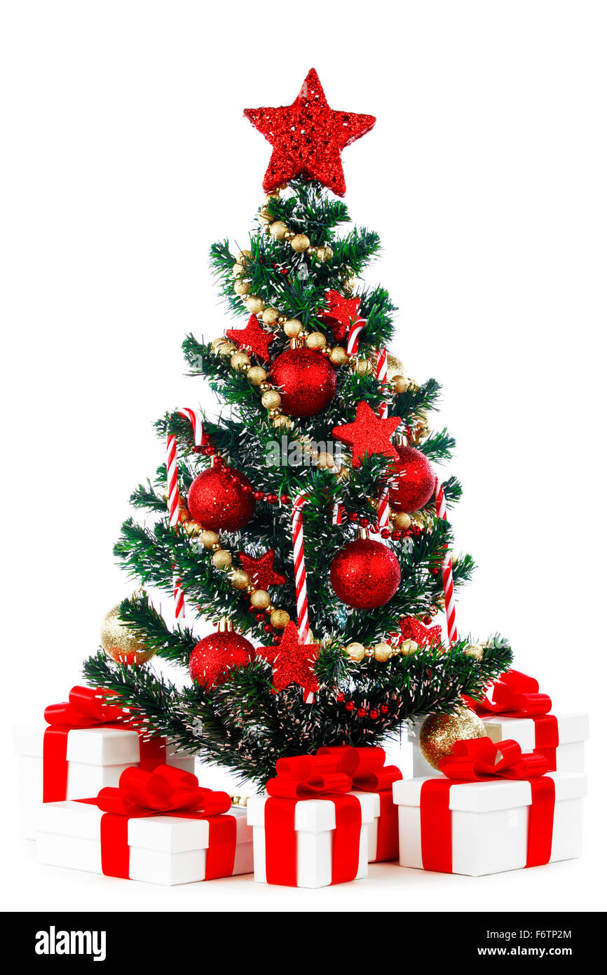 Decorated Christmas tree and gifts on white background Stock Photo - Alamy