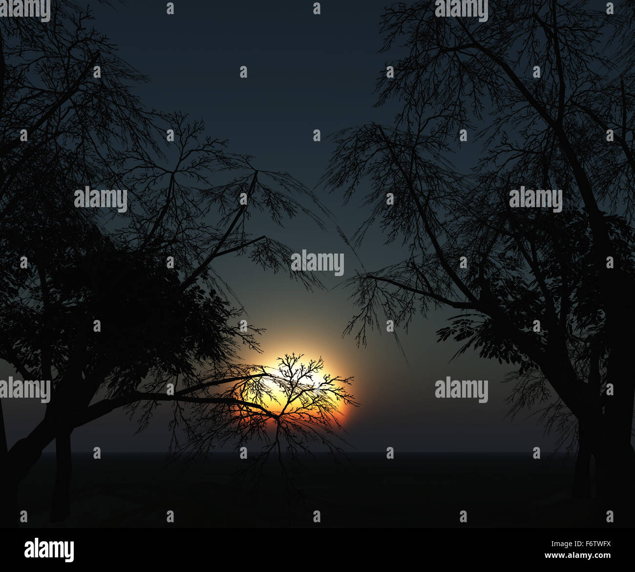3D landscape of silhouette of trees against a sunset sky Stock Photo ...