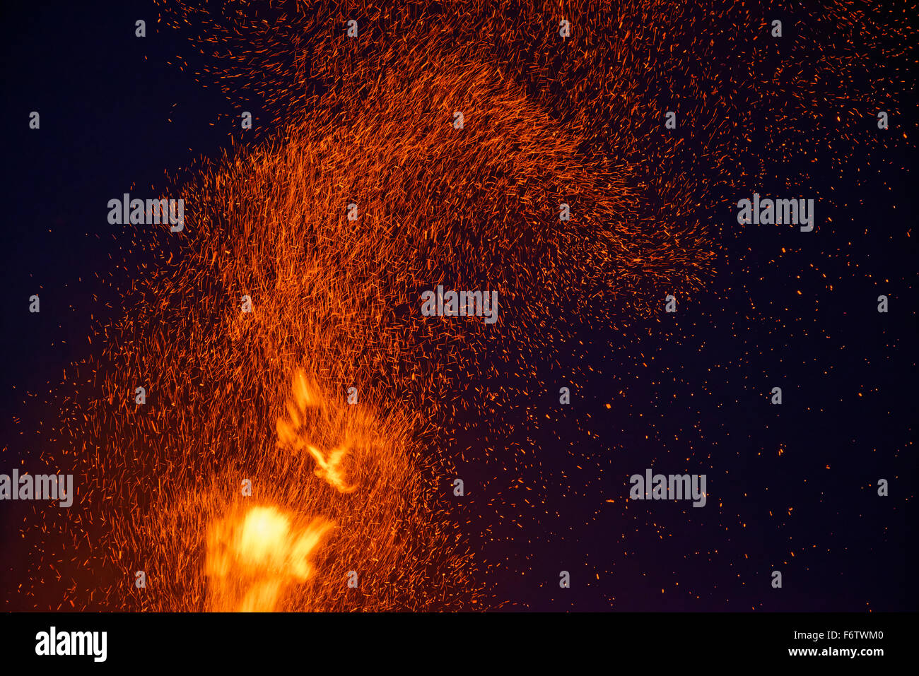 Germany, Bavaria, Midsummer bonfire at night Stock Photo