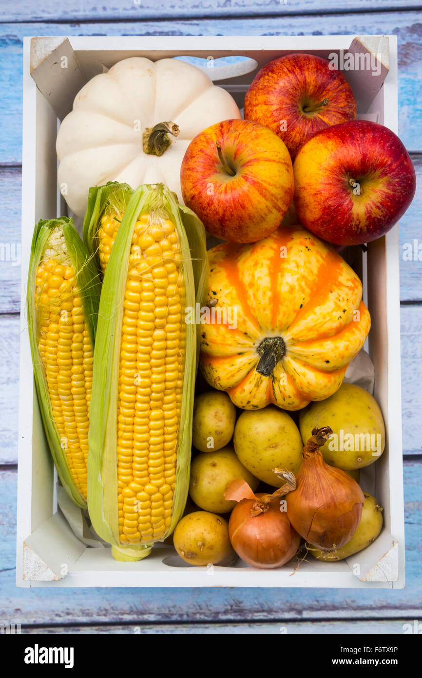 Different organic vegetables and apples in box, autumnally Stock Photo