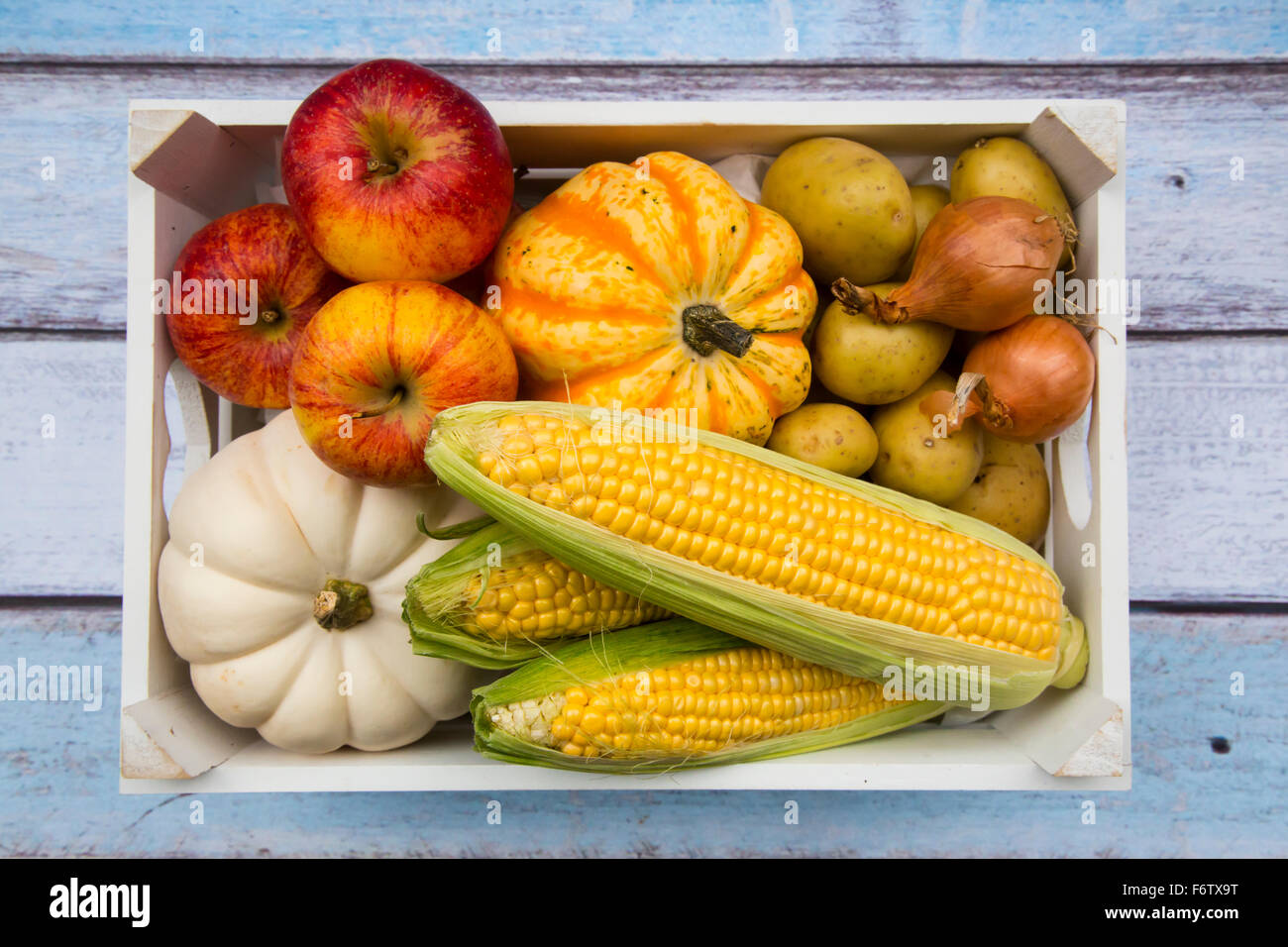 Different organic vegetables and apples in box, autumnally Stock Photo