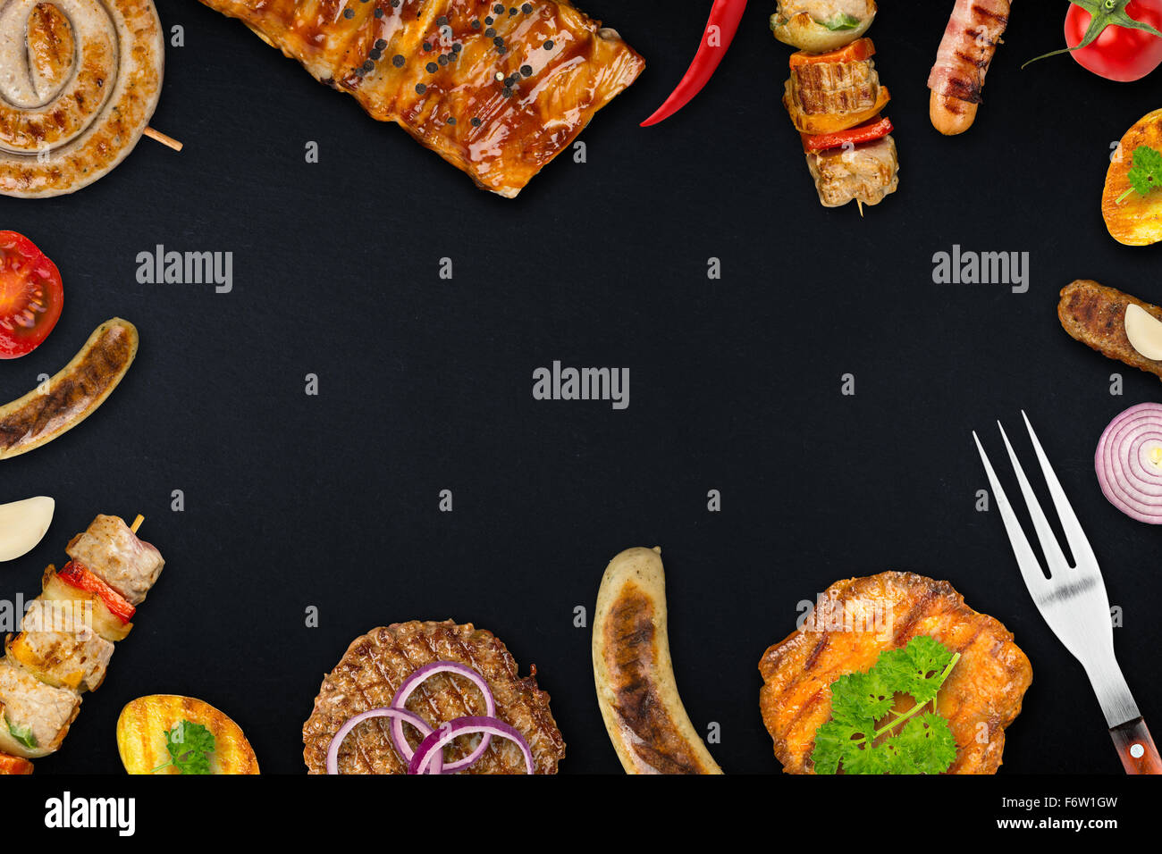 grilled food on slate Stock Photo