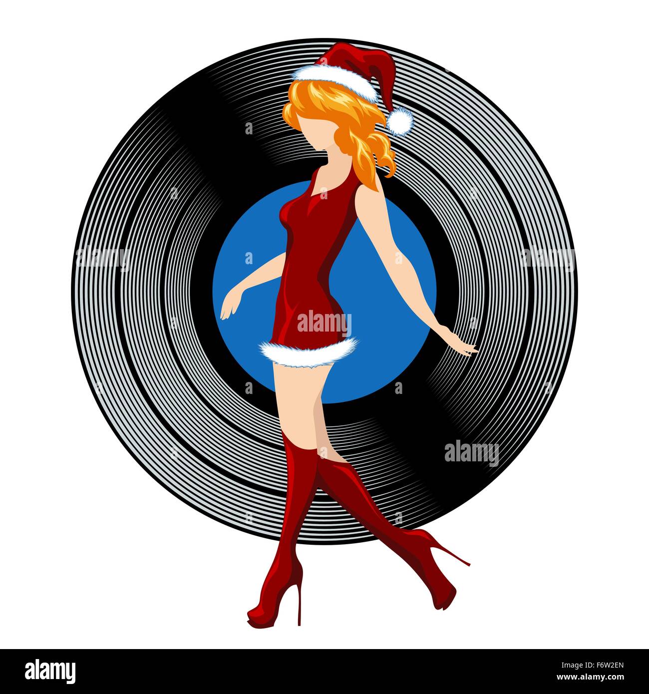 Christmas Party Design. Santa Girl against vinyl. Colorful illustration isolated on white. Stock Vector
